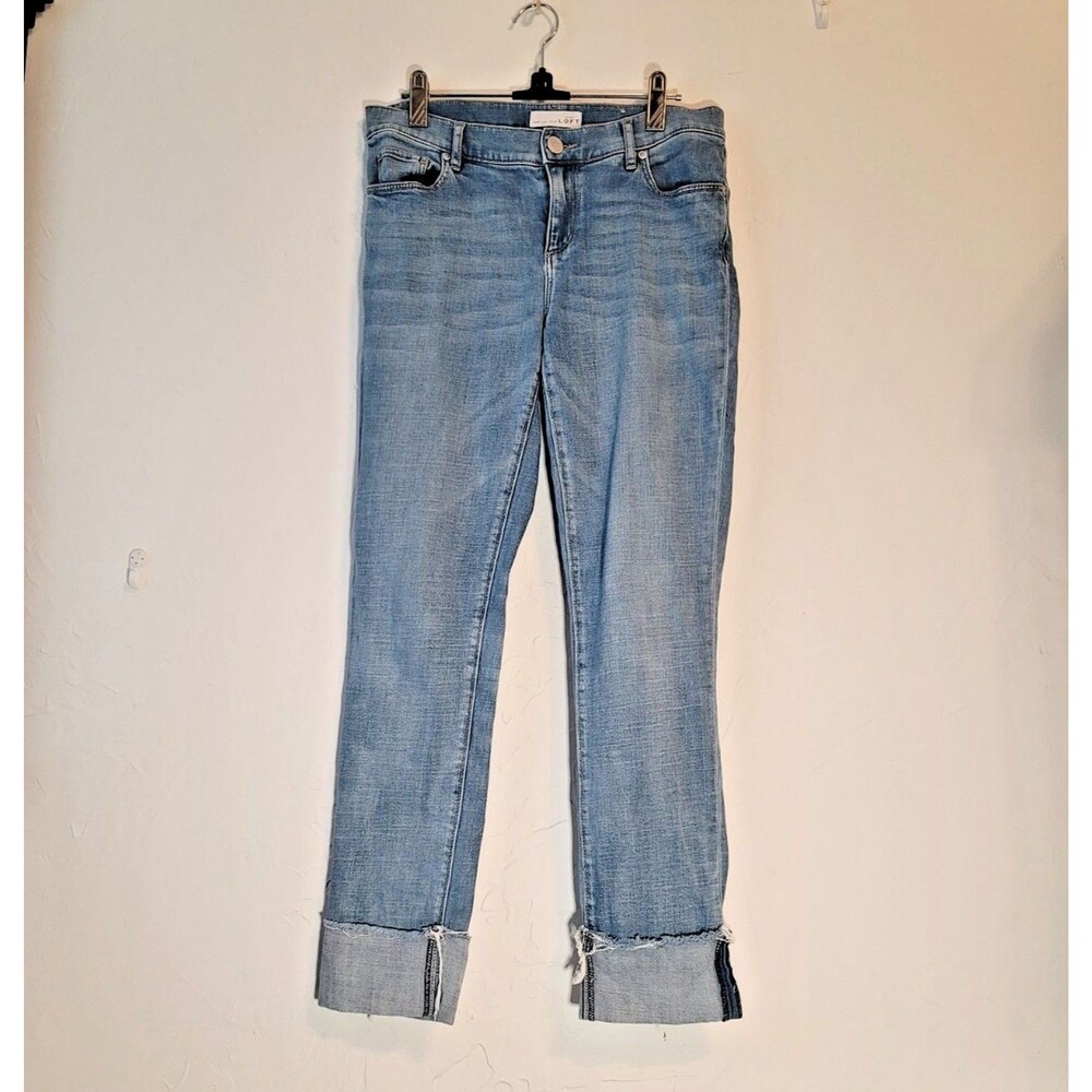 Loft Jeans Raw Hem Turned Up Cuff  4/27 Stretch Distressed Straight Cut Midrise